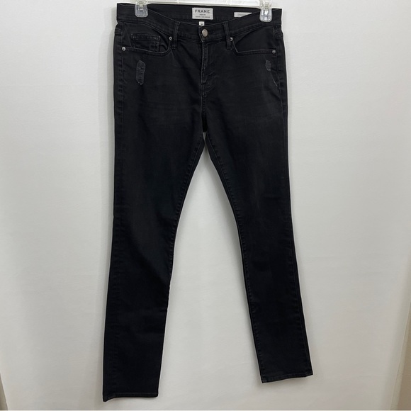 Frame Denim Mens 30 x 33 L'Homme Skinny Jeans Black Distressed - Picture 2 of 10